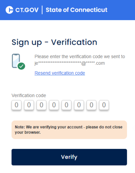 Screenshot showing CT.gov sign up verification code screen