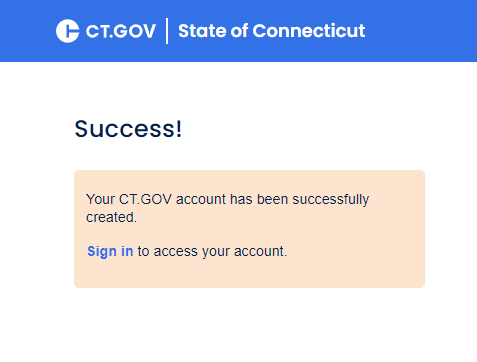 Screenshot showing successful sign up for a CT.gov account