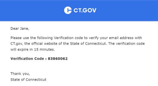 Screenshot showing verification code email when signing up for a CT.gov account