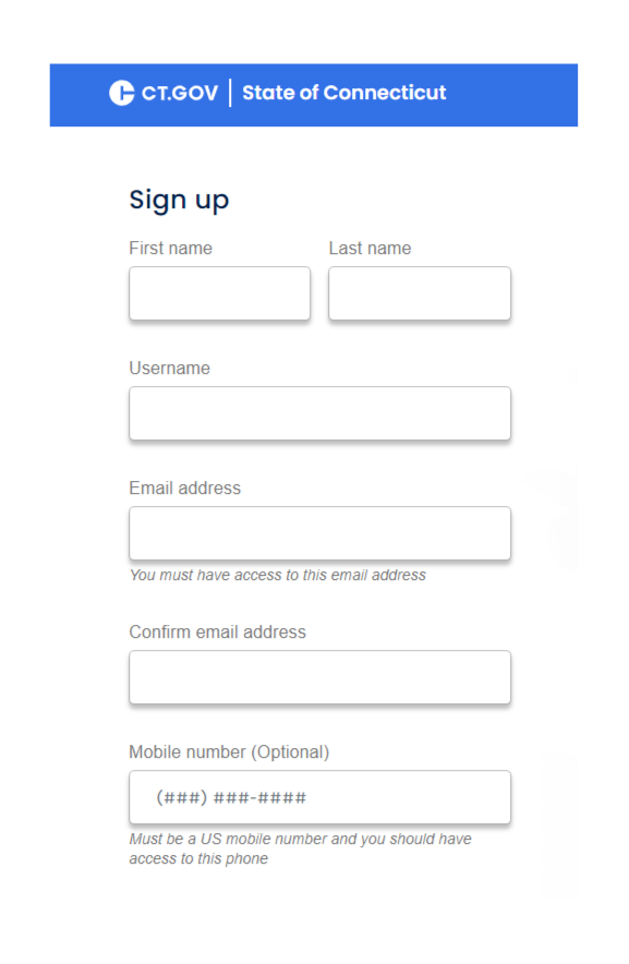 Screenshot of sign up for a CT.gov account page
