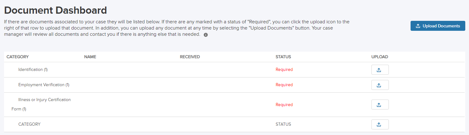 Aflac Claim Portal Document Dashboard prior to uploading required documents