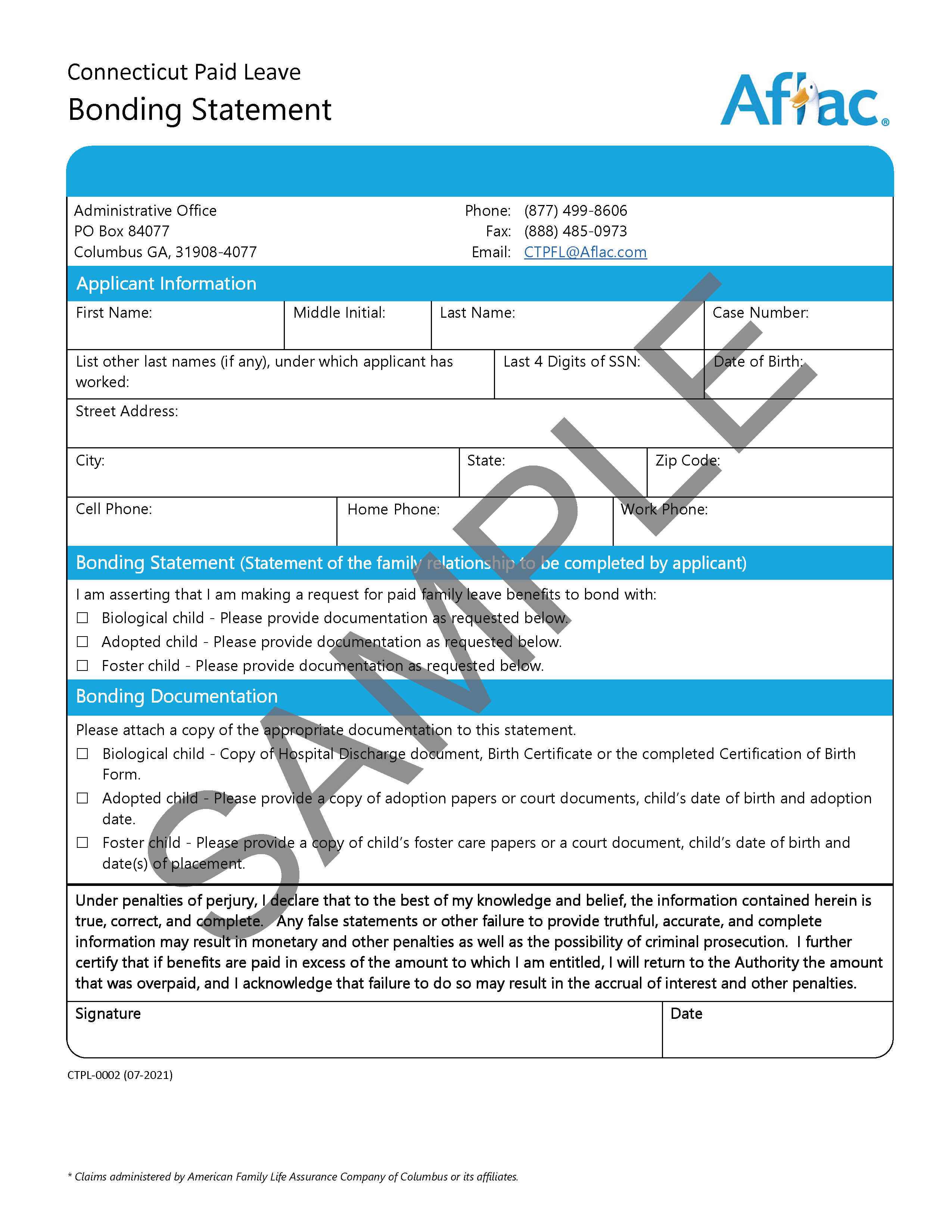 Sample image of the Bonding Statement Form