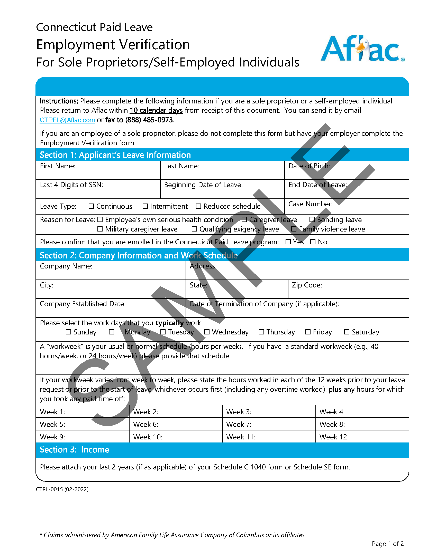 Sample Employment Verification Form for Sole Proprietors of Self-Employed 