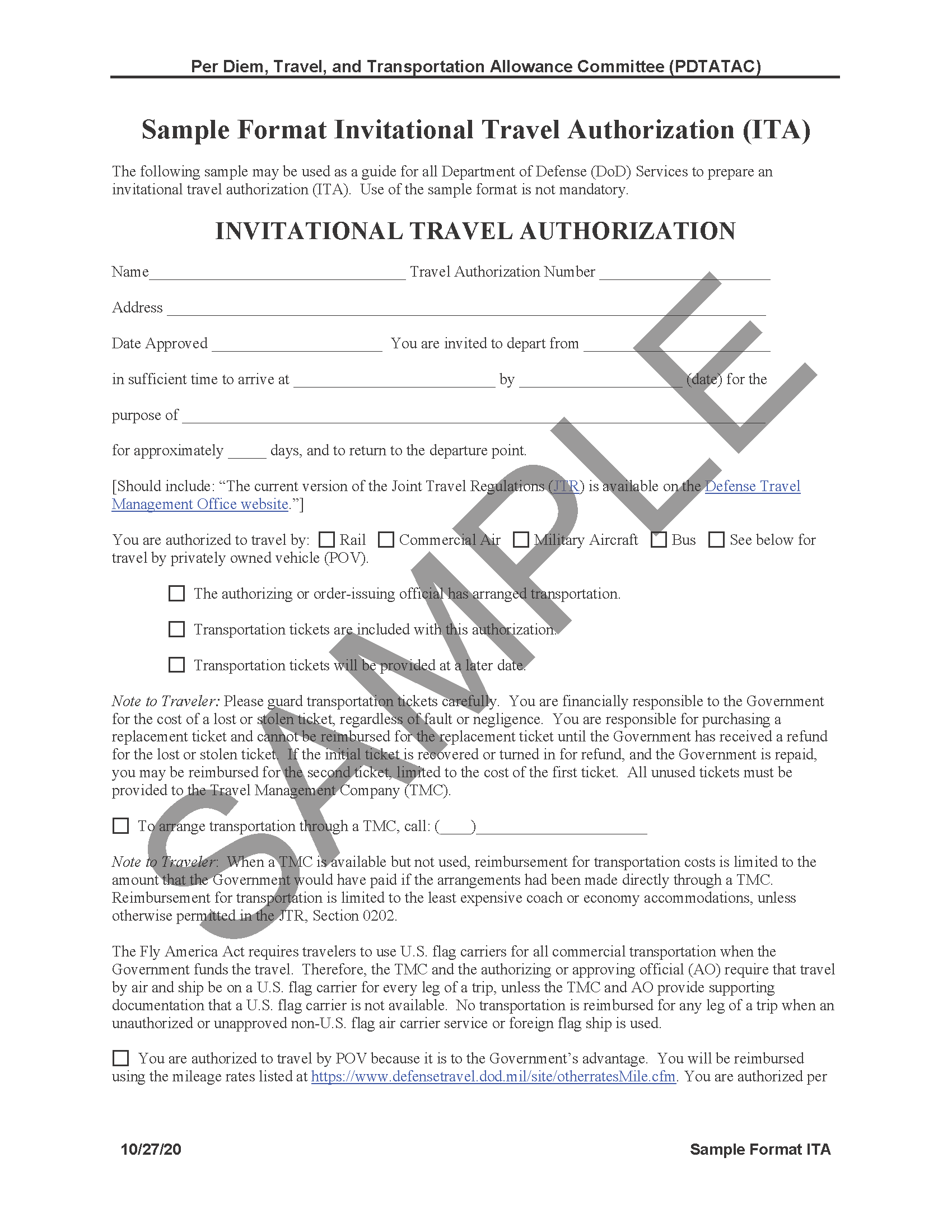 Sample Invitational Travel Authorization form