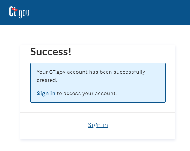 Screenshot showing successful sign up for a CT.gov account