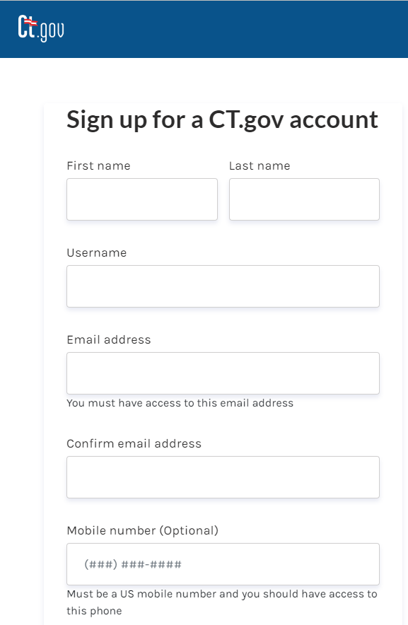 Screenshot of sign up for a CT.gov account page