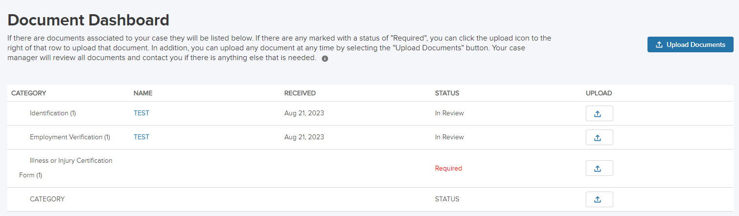 Aflac Claim Portal Document Dashboard after uploading some required documents