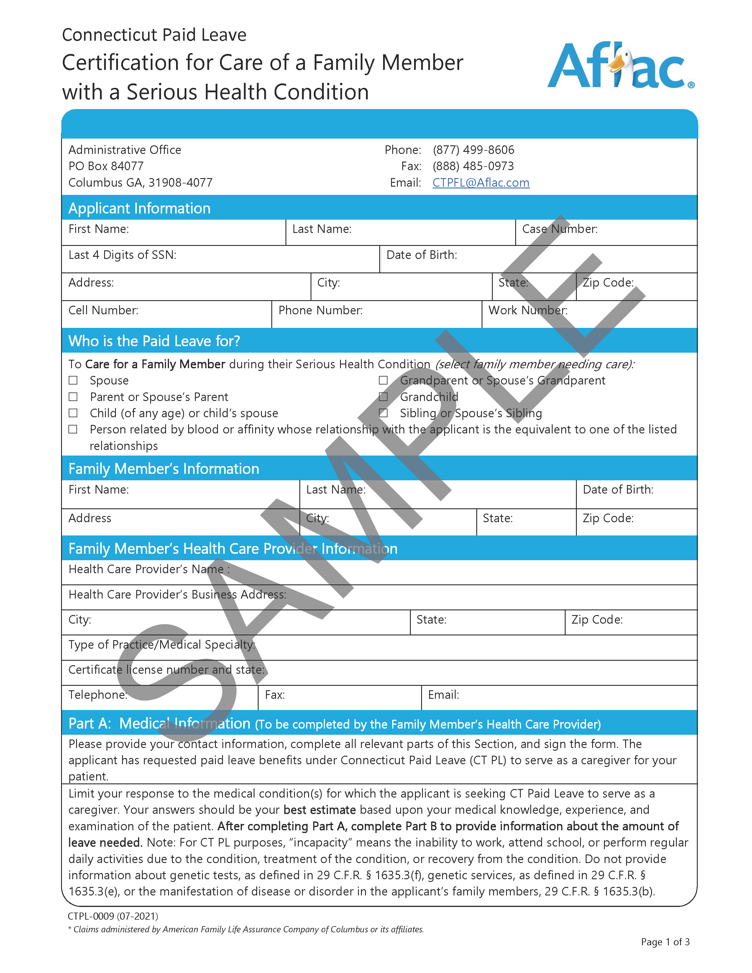 Sampel Certification for Care of a Family Member with a Serious Health Condition form