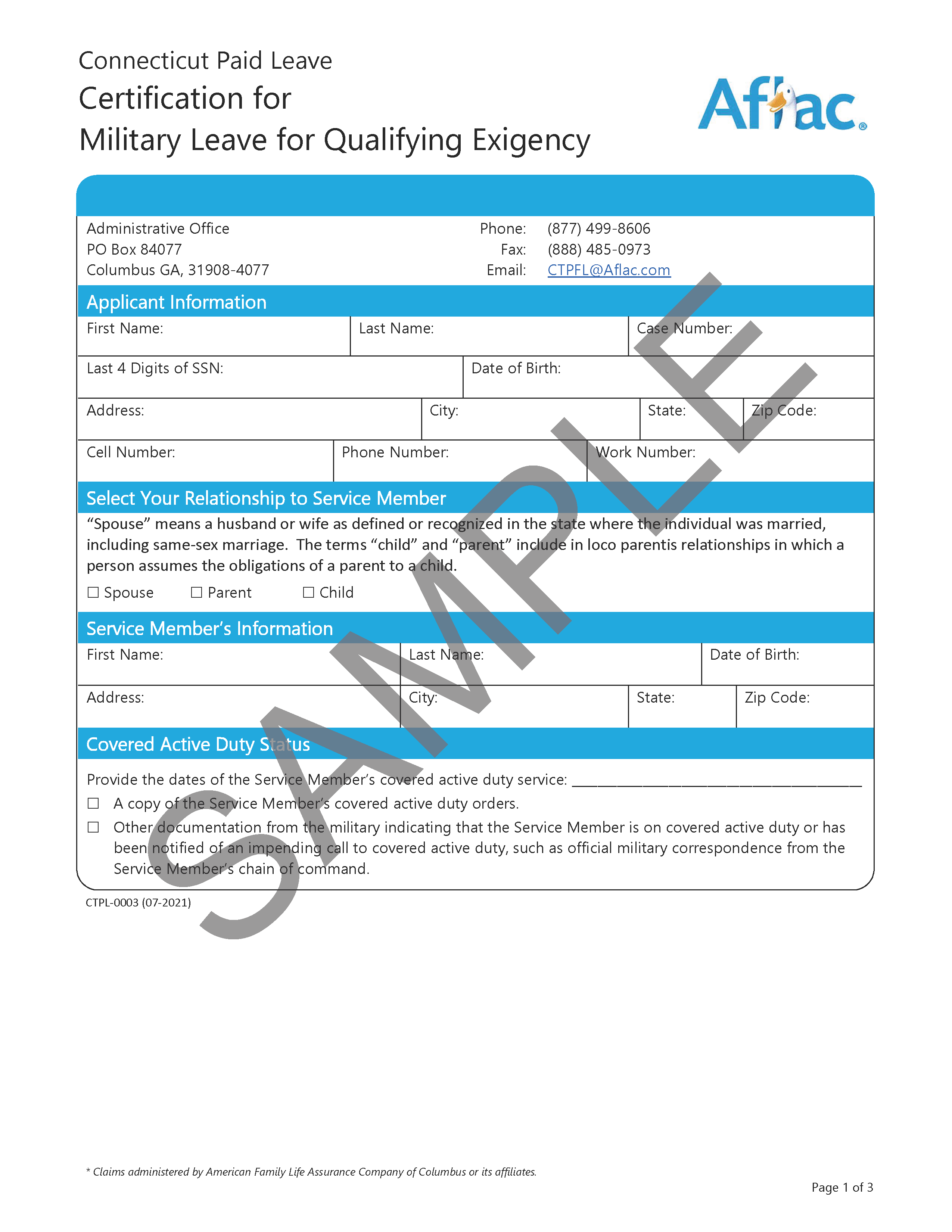 Sample Certification for Military Leave for Qualifying Exigency form