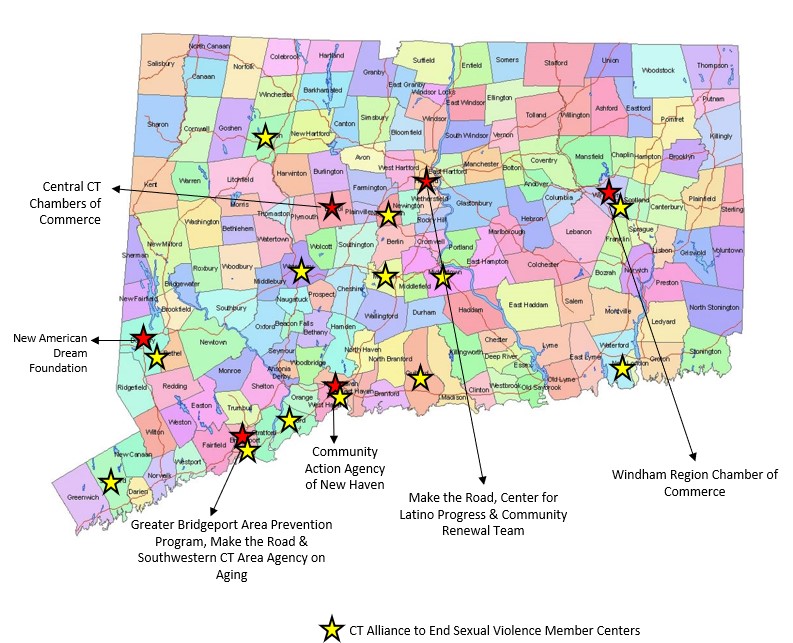 Map of Connecticut showing towns where Community Education Coordinators are located