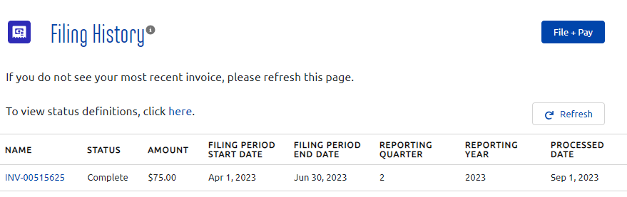 Screenshot of the Filing History Dashboard