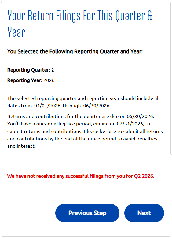Your Return Filings For This Quarter and Year step on the online payment form when no return filings are displayed.