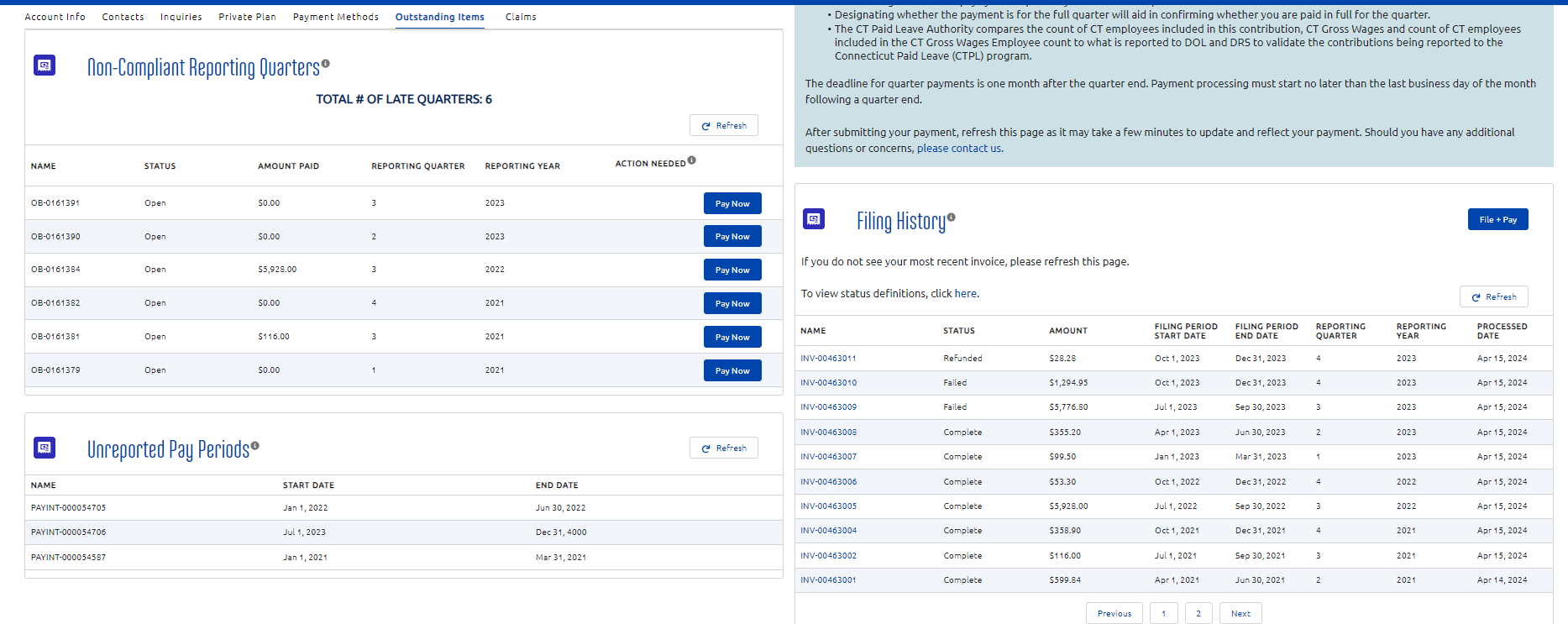 Screenshot of Non-Compliant Reporting Quarters and Unreported Pay Periods