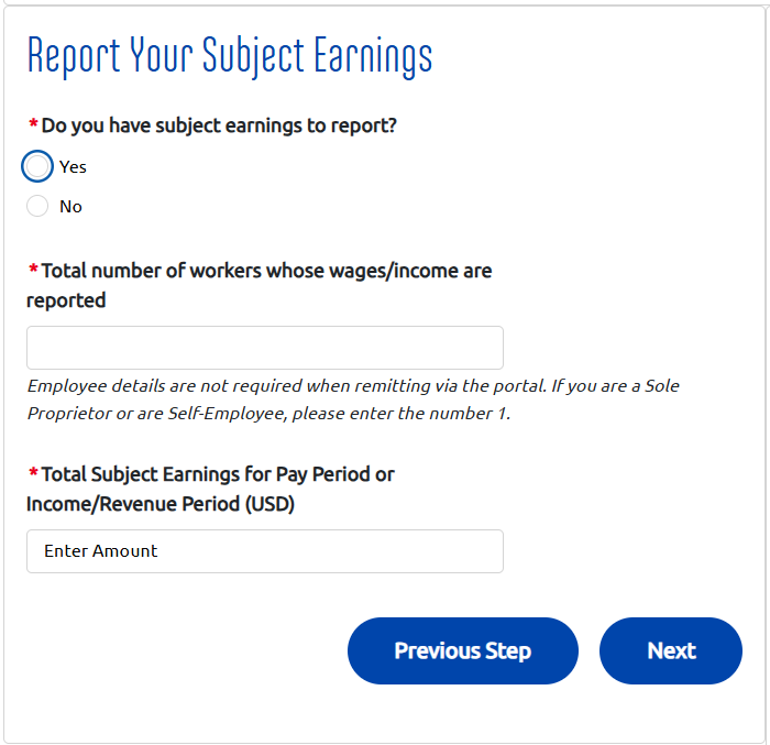 Report Your Subject Earnings step on the online payment form