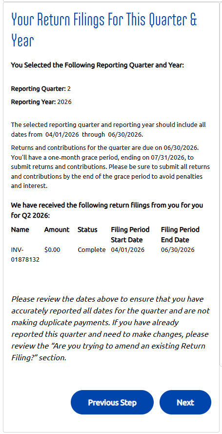 Your Return Filings For This Quarter and Year step of the online payment form when return filings are displayed.