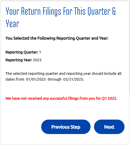 Your Return Filings For This Quarter and Year step on the online payment form when no return filings are displayed.