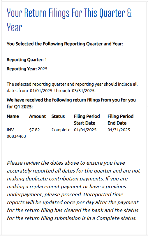 Online payment form step 2 screenshot of the return filing review screen showing filings for the selected quarter