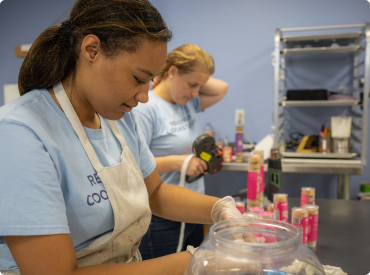 Two women working in a bakery kitchen
